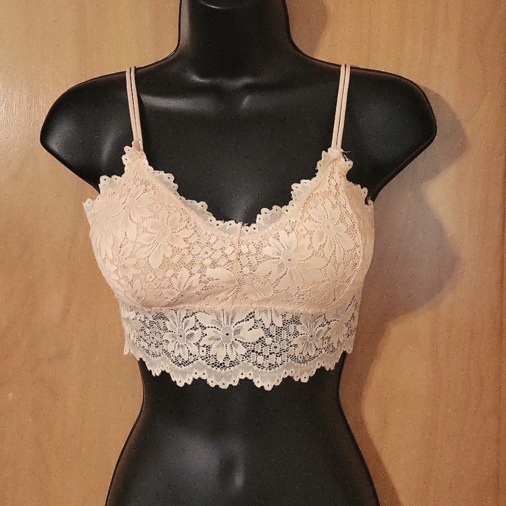 Women's L Beige Padded Stretchy Lace Bralette